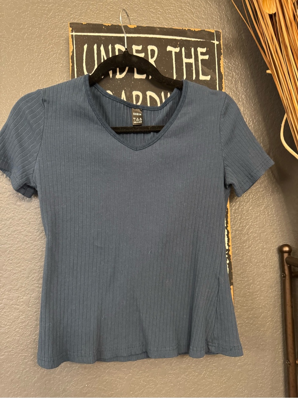 SHEIN Ribbed V-Neck Short Sleeve Tee - Blue Large